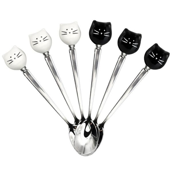 Kovová lžička s motivem kočky- Keramická Ručka - černá 1 - pro milovníky koček